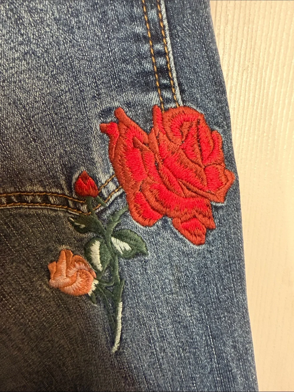 Vintage Embroidered Free People Dark Blue Denim Jeans with Red Rose Patch